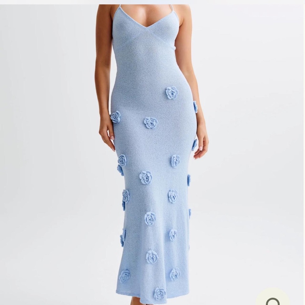 MESHKI Suki Knit Maxi Dress With Flowers - Light Blue